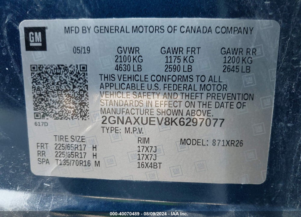 2019 CHEVROLET EQUINOX LT VIN: 2GNAXUEV8K6297077
