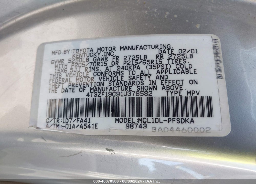 2001 TOYOTA SIENNA CE VIN: 4T3ZF19C91U378582