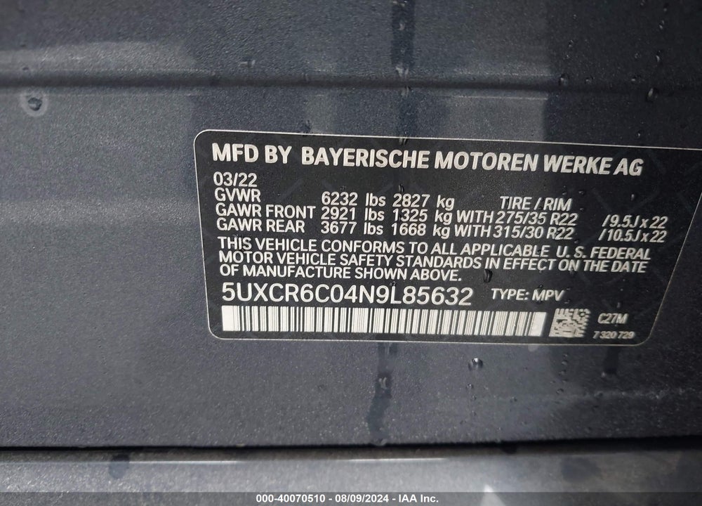 2022 BMW X5 XDRIVE40I VIN: 5UXCR6C04N9L85632