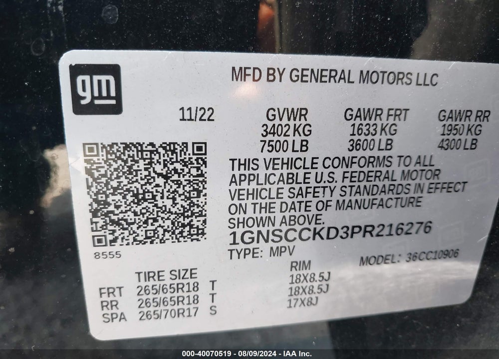 2023 CHEVROLET SUBURBAN 2WD LT VIN: 1GNSCCKD3PR216276