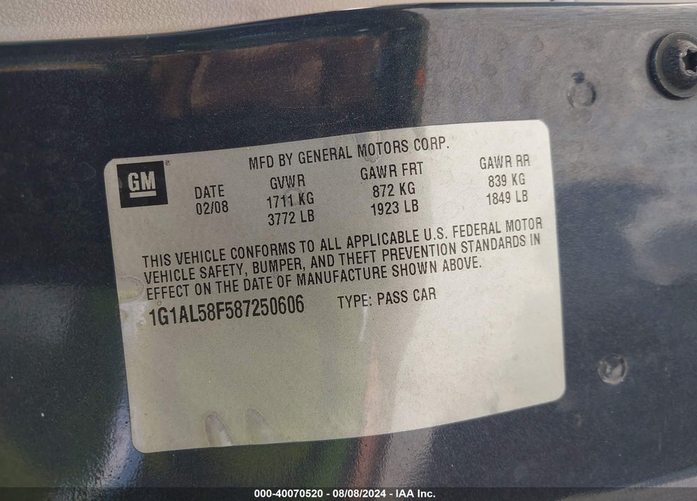 2008 CHEVROLET COBALT LT VIN: 1G1AL58F587250606