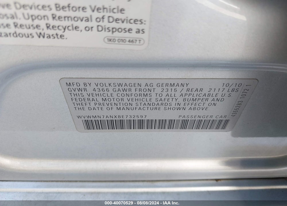 2011 VOLKSWAGEN CC SPORT VIN: WVWMN7ANXBE732597