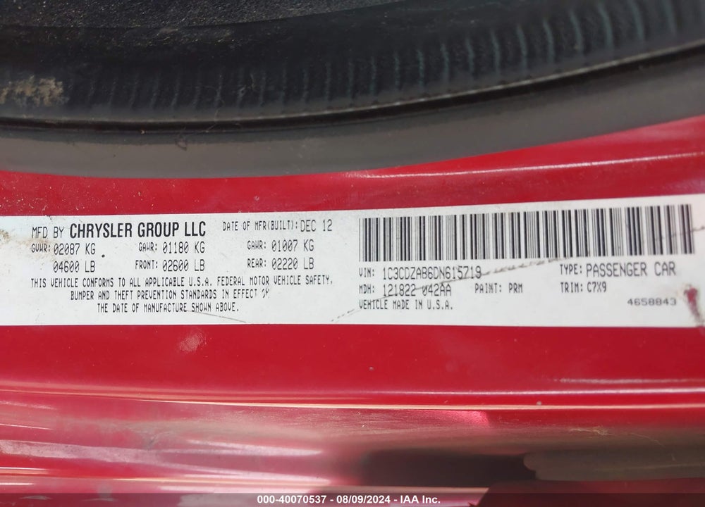 2013 DODGE AVENGER SE VIN: 1C3CDZAB6DN615719