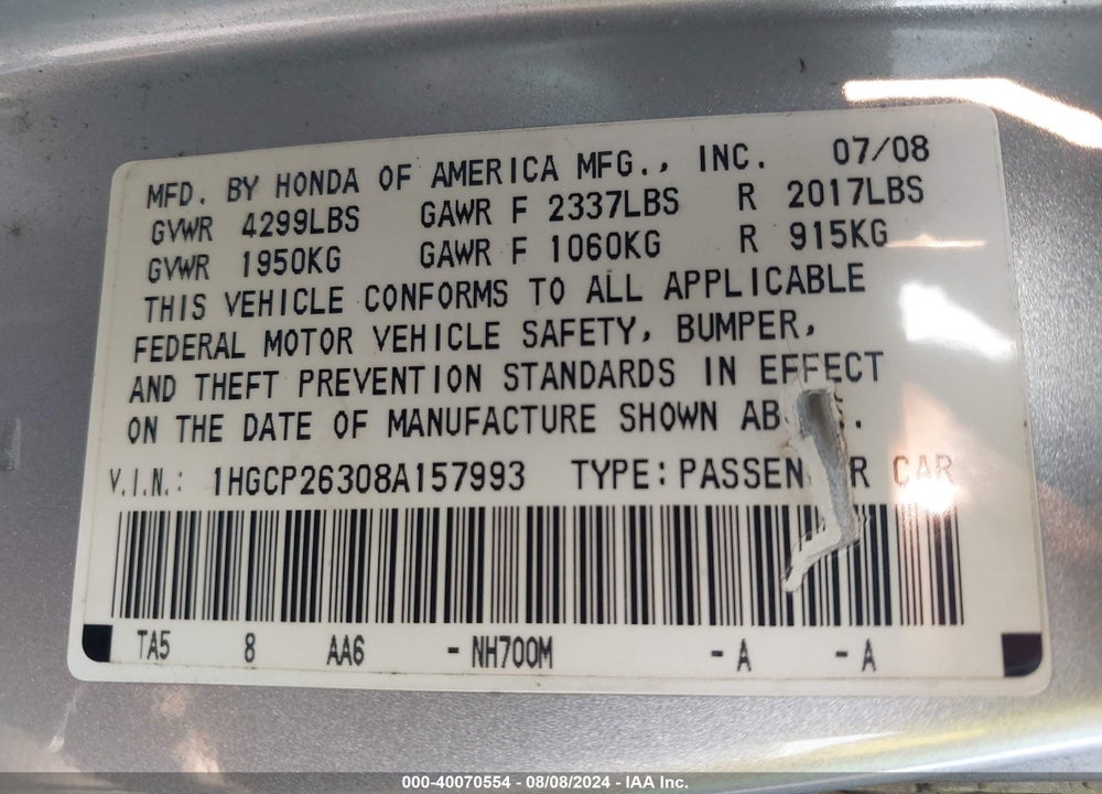 2008 HONDA ACCORD 2.4 LX VIN: 1HGCP26308A157993