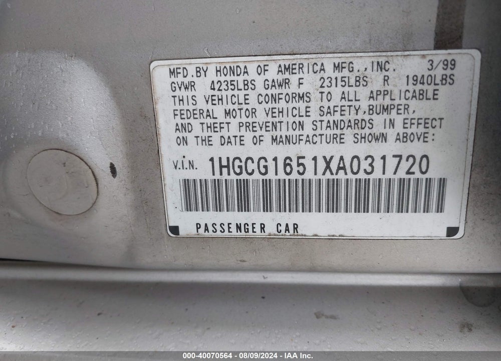 1999 HONDA ACCORD EX V6 VIN: 1HGCG1651XA031720