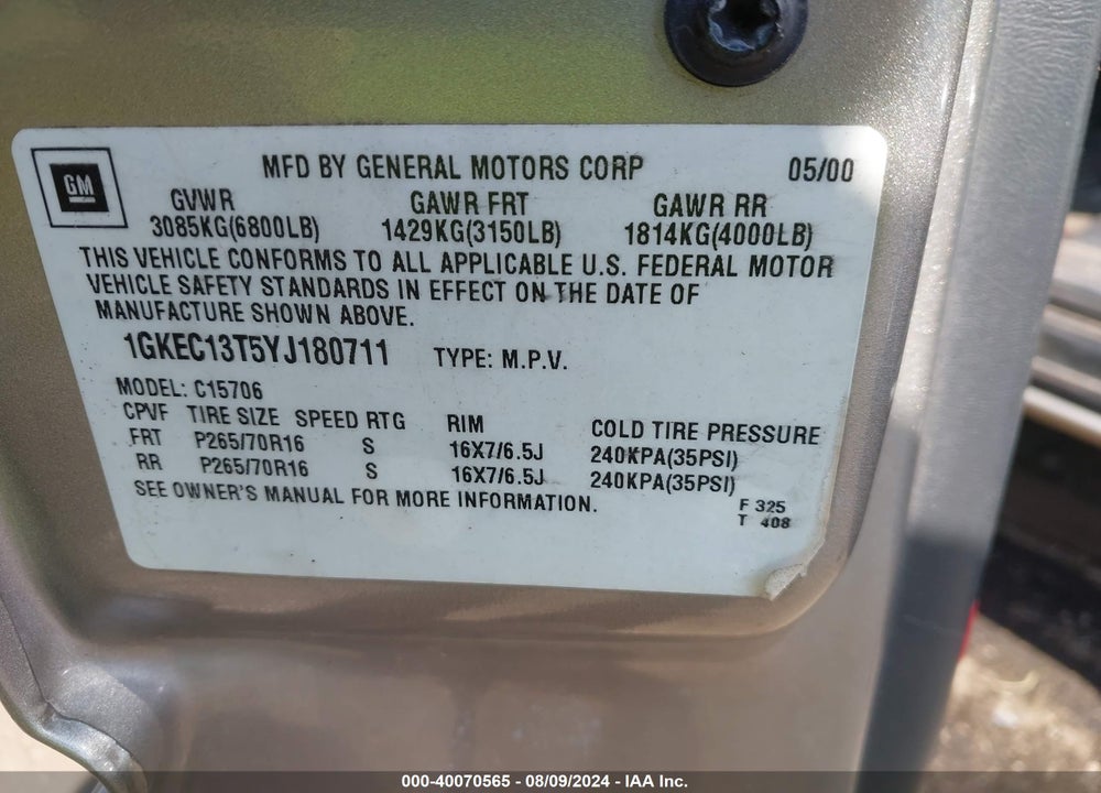 2000 GMC YUKON VIN: 1GKEC13T5YJ180711