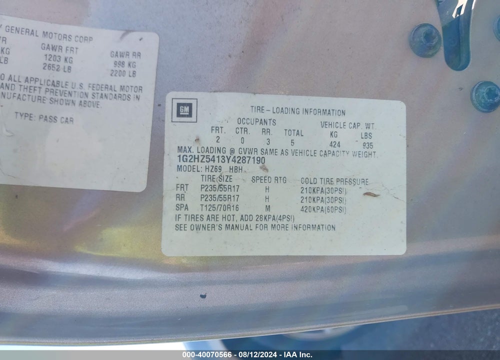 2000 PONTIAC BONNEVILLE SSEI VIN: 1G2HZ5413Y4287190