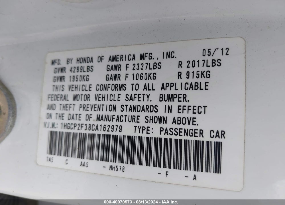 2012 HONDA ACCORD 2.4 LX VIN: 1HGCP2F38CA162979
