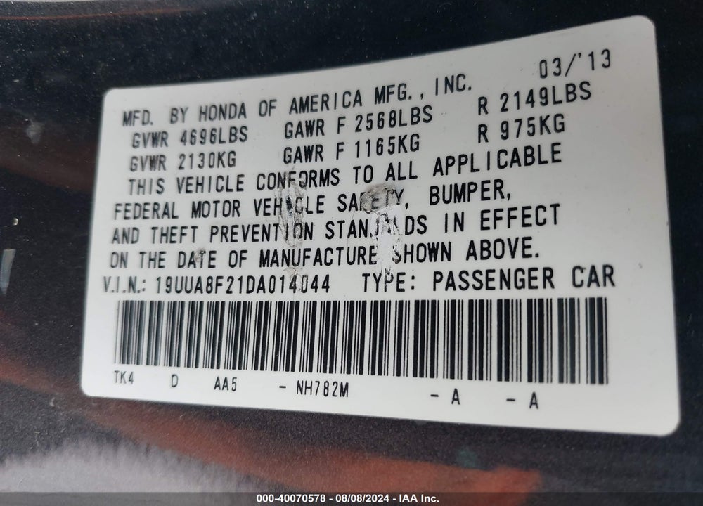 2013 ACURA TL 3.5 VIN: 19UUA8F21DA014044