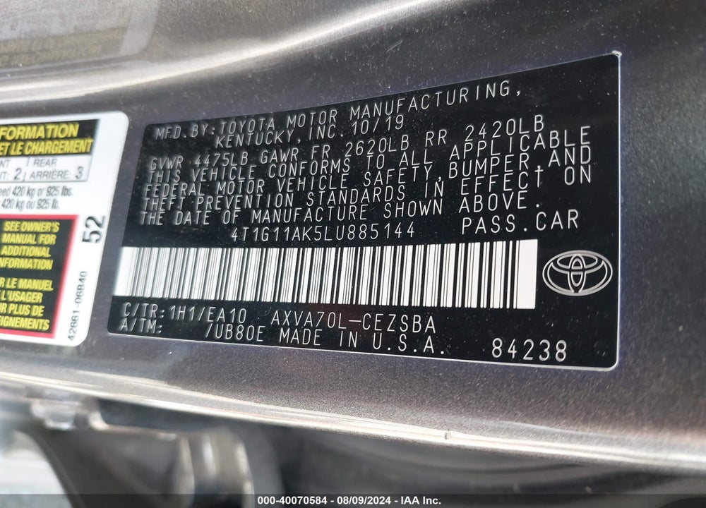 2020 TOYOTA CAMRY SE VIN: 4T1G11AK5LU885144