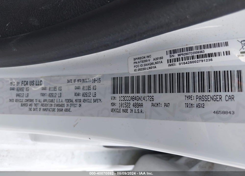 2016 CHRYSLER 200 LIMITED VIN: 1C3CCCAB4GN141726