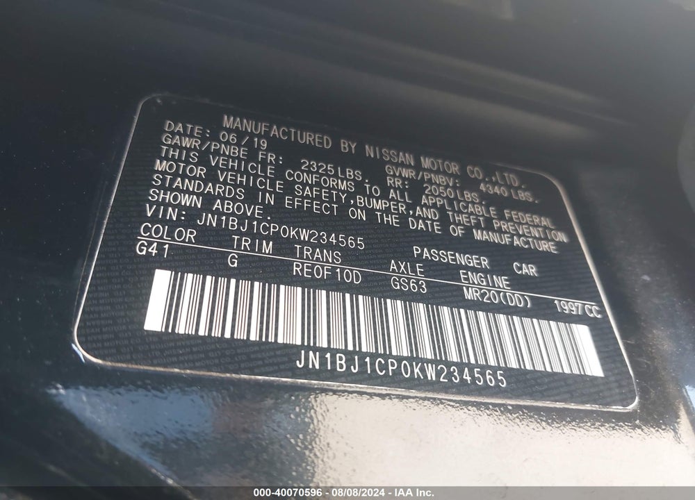 2019 NISSAN ROGUE SPORT SV VIN: JN1BJ1CP0KW234565