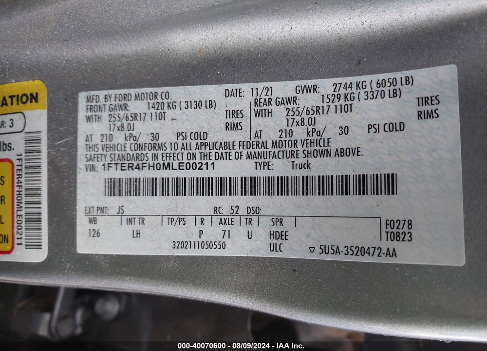 2021 FORD RANGER XLT VIN: 1FTER4FH0MLE00211