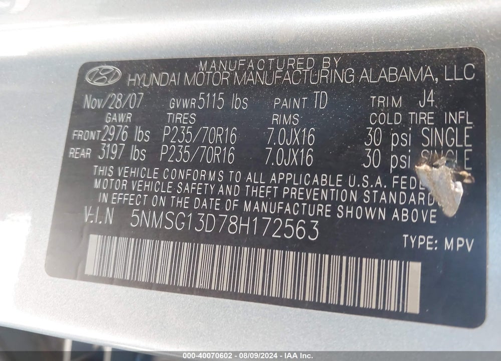 2008 HYUNDAI SANTA FE GLS VIN: 5NMSG13D78H172563
