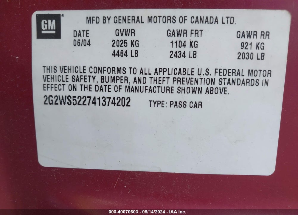 2004 PONTIAC GRAND PRIX GT2 VIN: 2G2WS522741374202