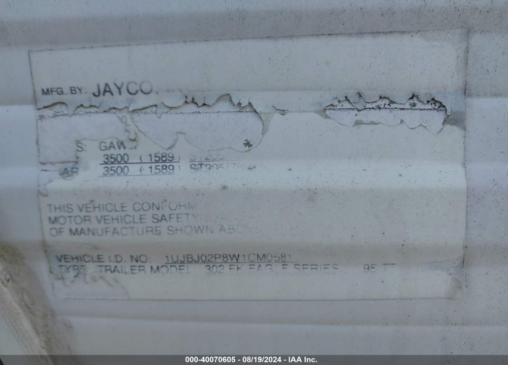 1998 JAYCO RV VIN: 1UJBJ02P8W1CM0581