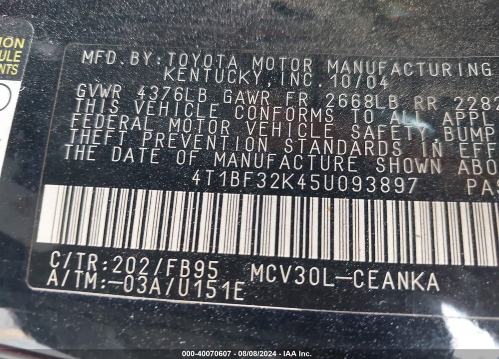 2005 TOYOTA CAMRY LE V6 VIN: 4T1BF32K45U093897