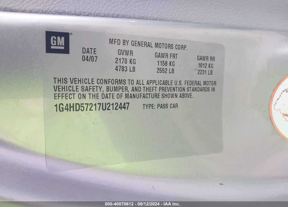 2007 BUICK LUCERNE CXL VIN: 1G4HD57217U212447