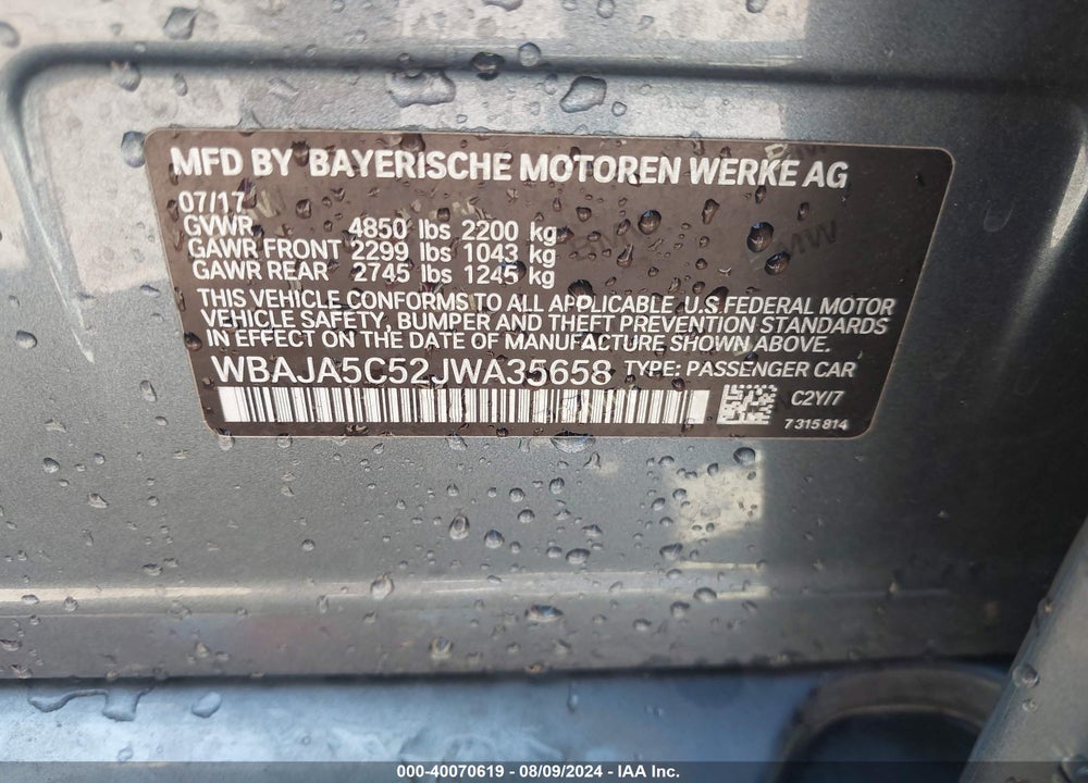 2018 BMW 530I VIN: WBAJA5C52JWA35658