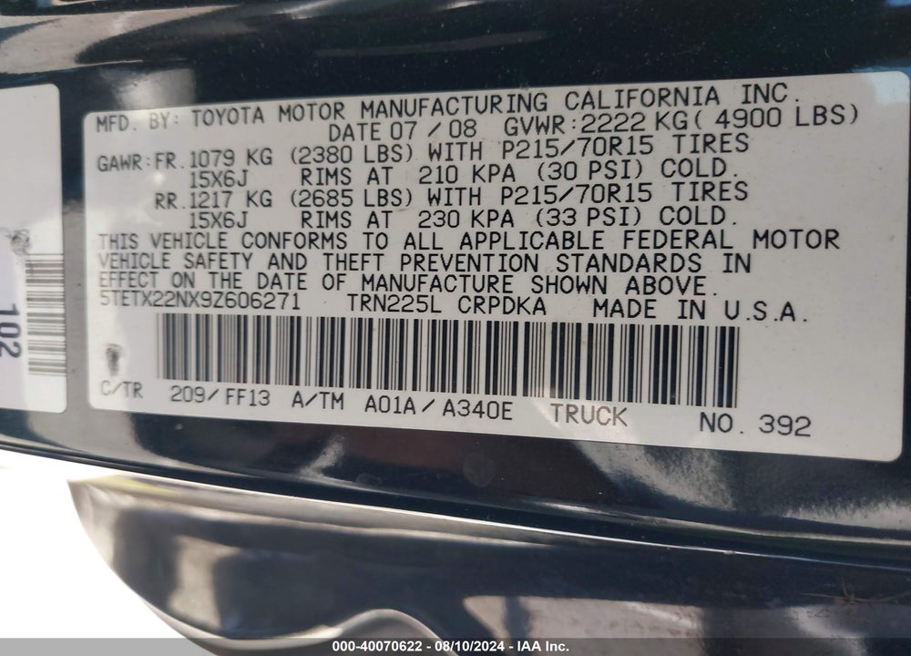2009 TOYOTA TACOMA VIN: 5TETX22NX9Z606271