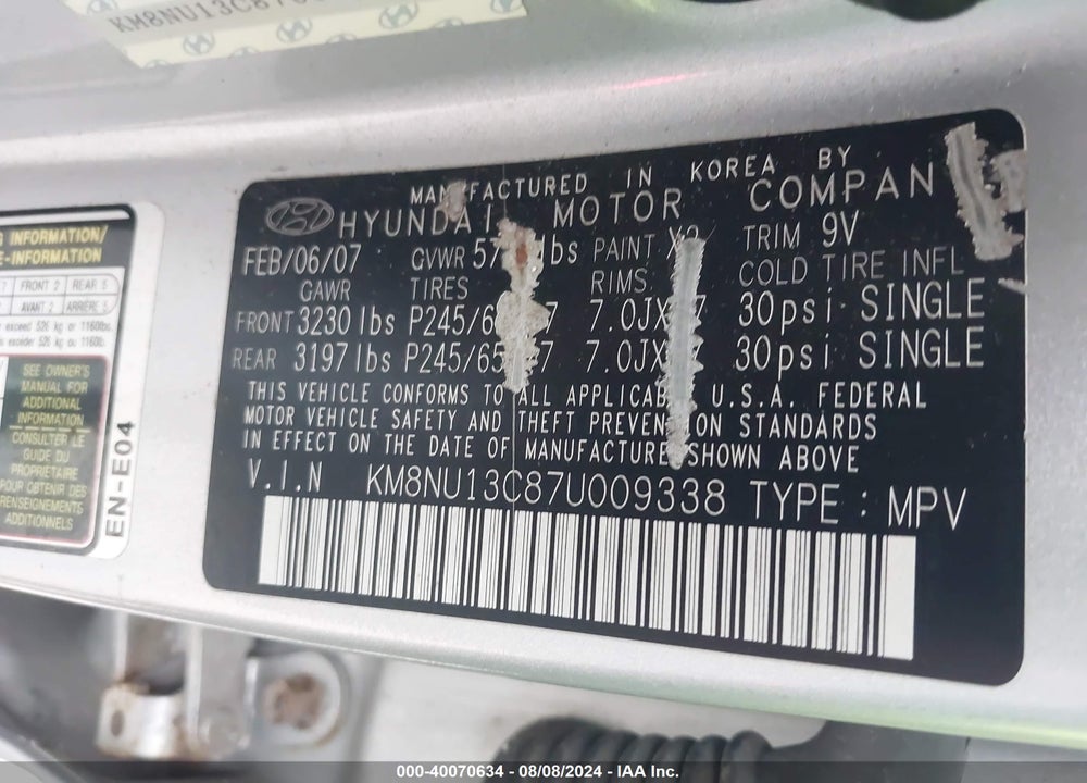 2007 HYUNDAI VERACRUZ VIN: KM8NU13C87U009338