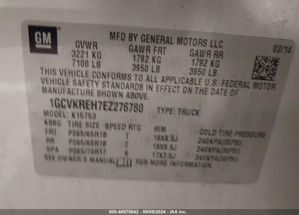 2014 CHEVROLET SILVERADO 1500 1LT VIN: 1GCVKREH7EZ276780