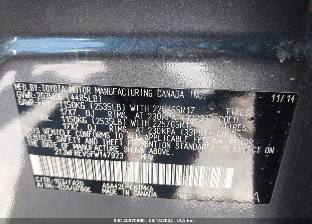 2015 TOYOTA RAV4 XLE VIN: 2T3WFREV5FW147923