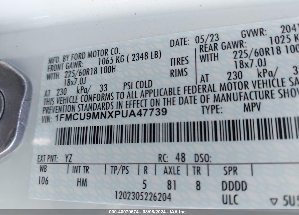2023 FORD ESCAPE ST LINE VIN: 1FMCU9MNXPUA47739