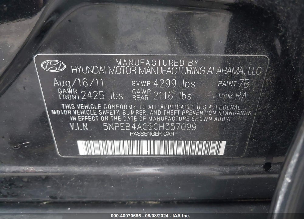 2012 HYUNDAI SONATA GLS VIN: 5NPEB4AC9CH357099