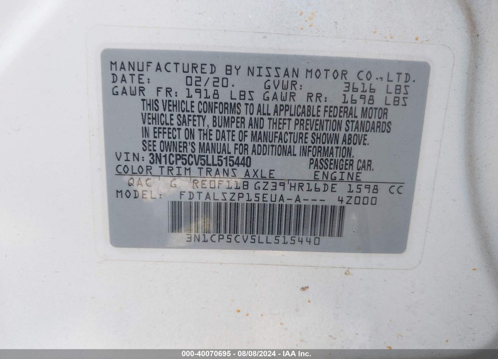 2020 NISSAN KICKS SV XTRONIC CVT VIN: 3N1CP5CV5LL515440
