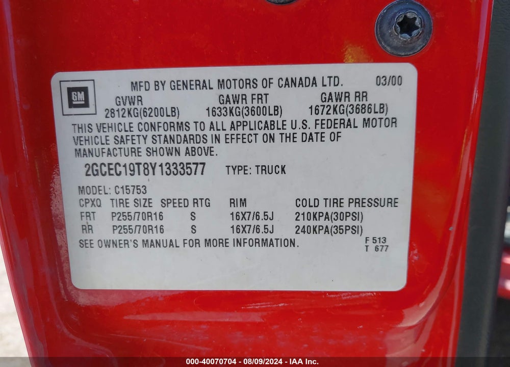 2000 CHEVROLET SILVERADO 1500 LS VIN: 2GCEC19T8Y1333577