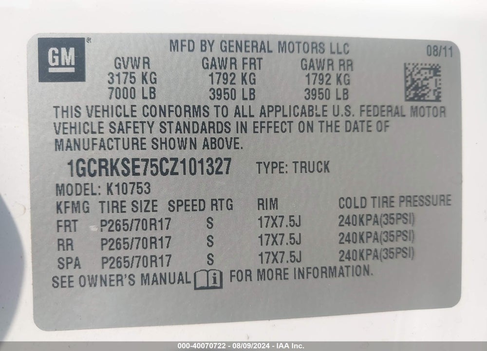 2012 CHEVROLET SILVERADO 1500 LT VIN: 1GCRKSE75CZ101327