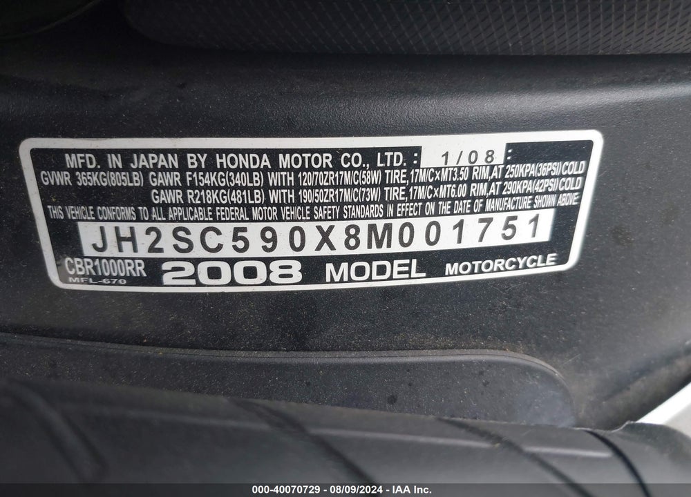 2008 HONDA CBR1000 RR VIN: JH2SC590X8M001751