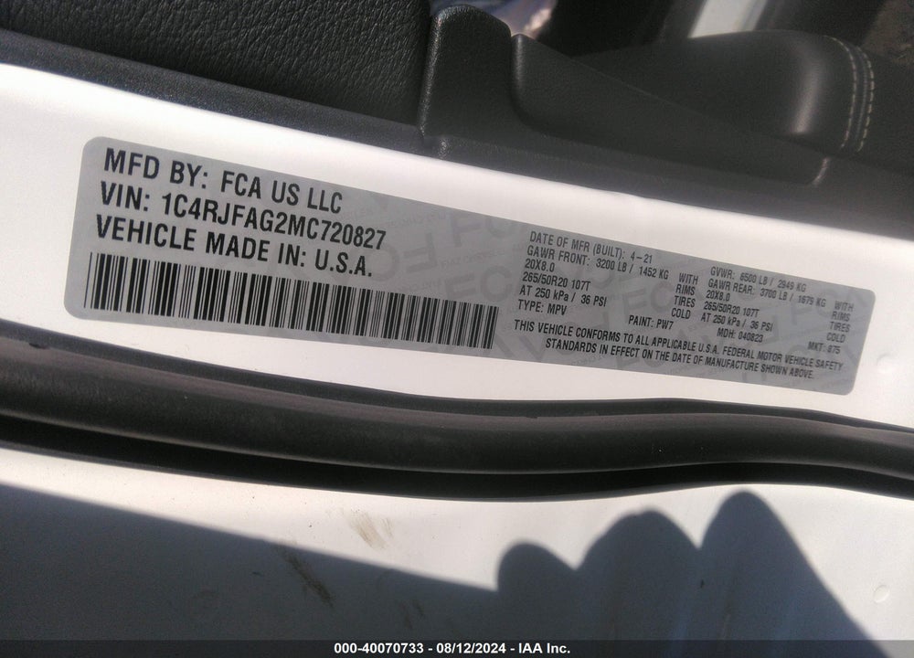 2021 JEEP GRAND CHEROKEE VIN: 1C4RJFAG2MC720827