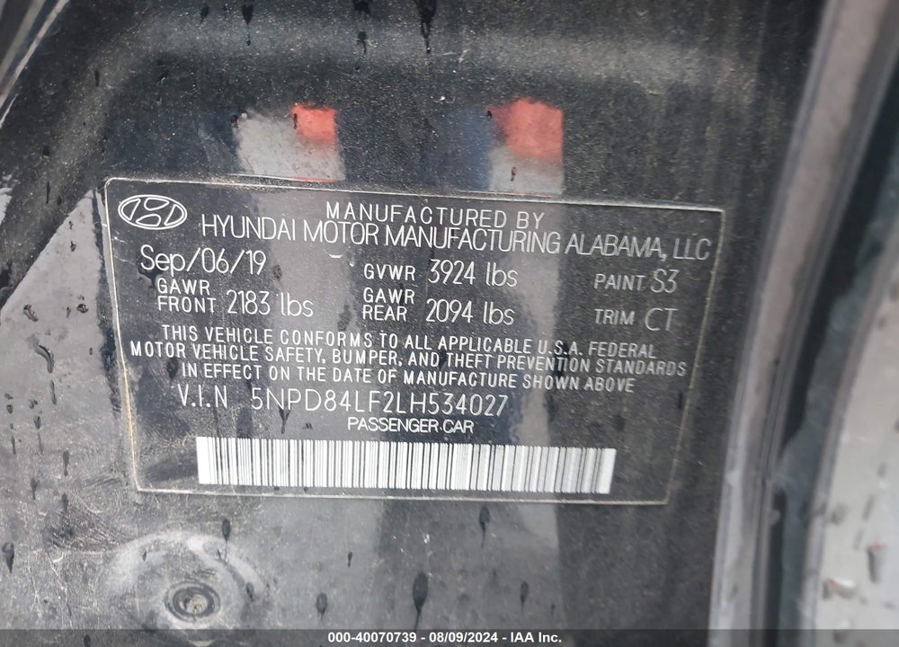 2020 HYUNDAI ELANTRA SEL VIN: 5NPD84LF2LH534027