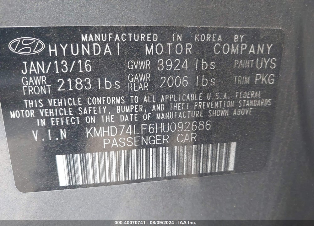 2017 HYUNDAI ELANTRA SE VIN: KMHD74LF6HU092686