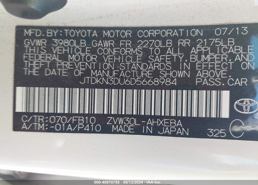 2013 TOYOTA PRIUS TWO VIN: JTDKN3DU6D5668984