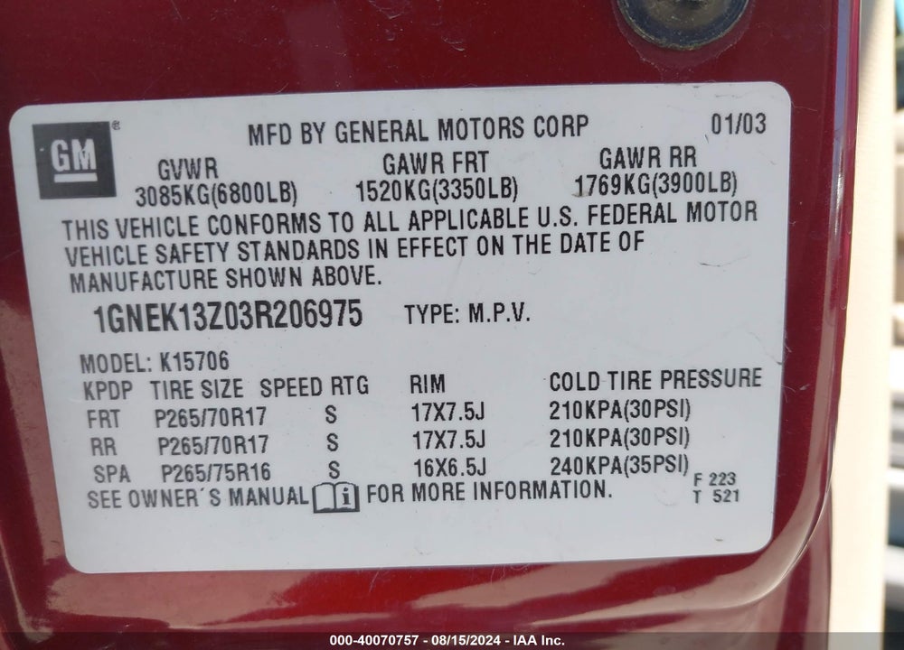 2003 CHEVROLET TAHOE Z71 VIN: 1GNEK13Z03R206975