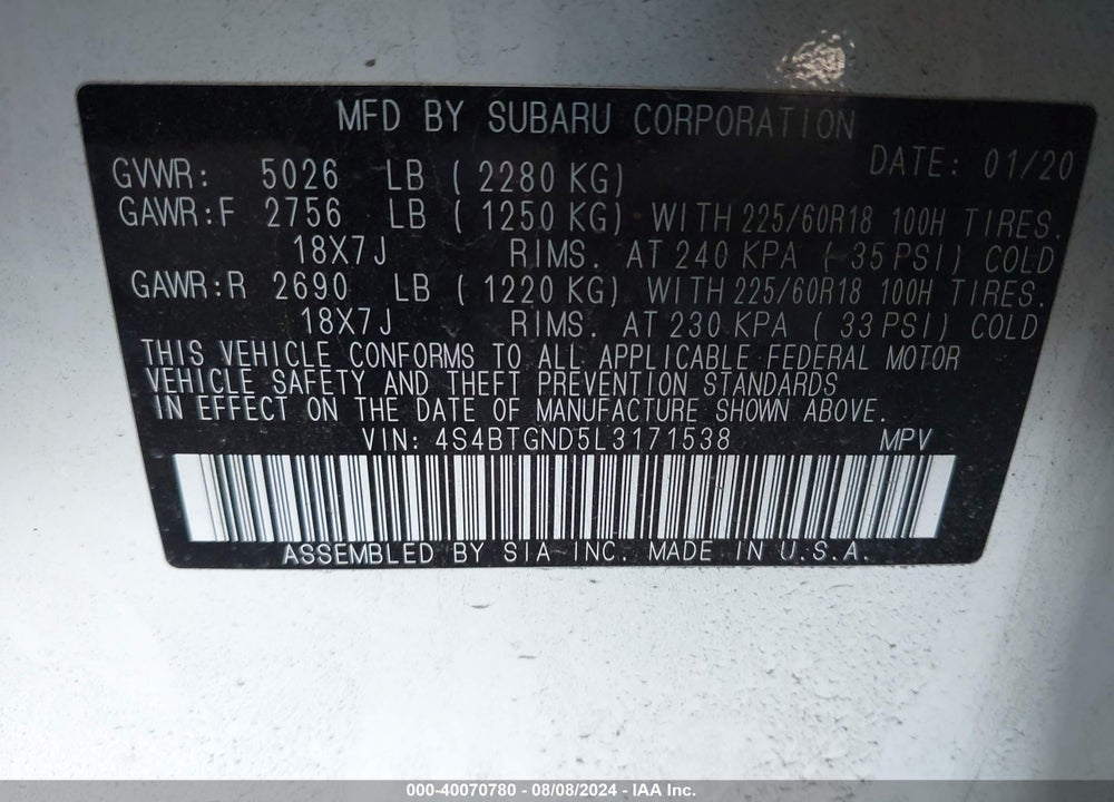2020 SUBARU OUTBACK LIMITED XT VIN: 4S4BTGND5L3171538