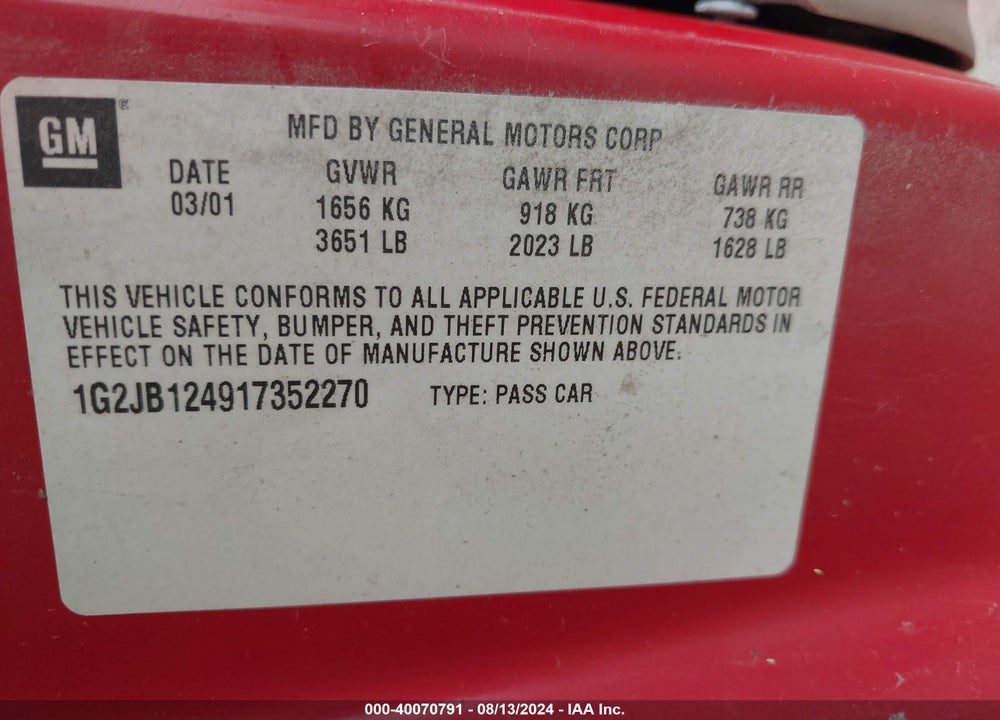 2001 PONTIAC SUNFIRE VIN: 1G2JB124917352270
