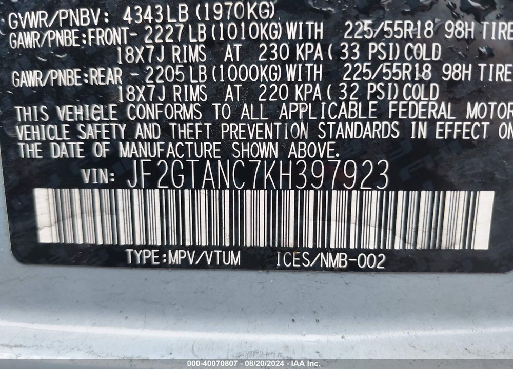 2019 SUBARU CROSSTREK 2.0I LIMITED VIN: JF2GTANC7KH397923