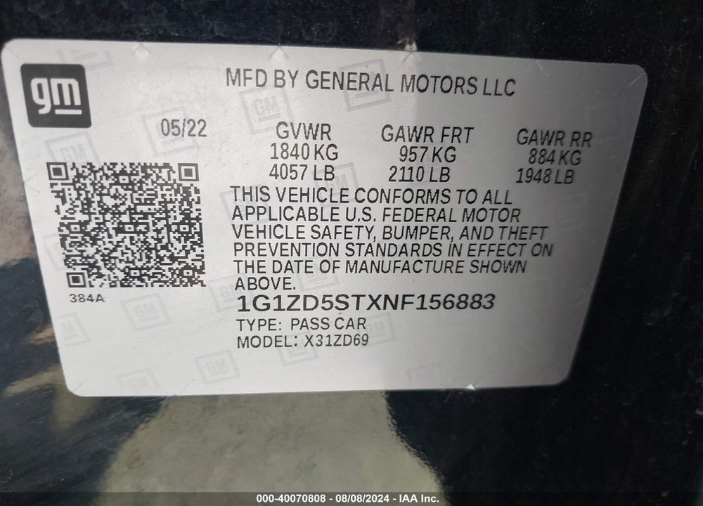 2022 CHEVROLET MALIBU FWD LT VIN: 1G1ZD5STXNF156883