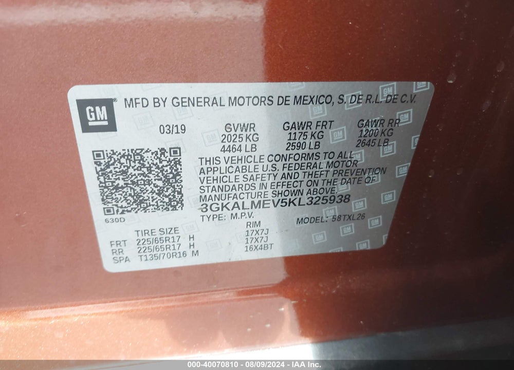 2019 GMC TERRAIN SLE VIN: 3GKALMEV5KL325938