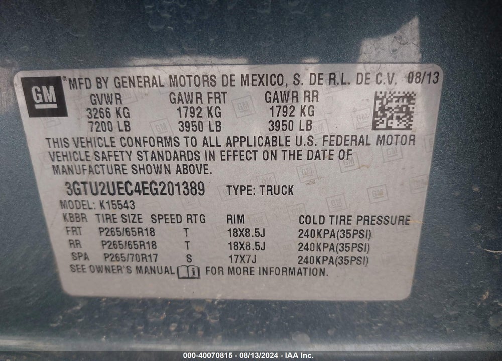 2014 GMC SIERRA 1500 SLE VIN: 3GTU2UEC4EG201389