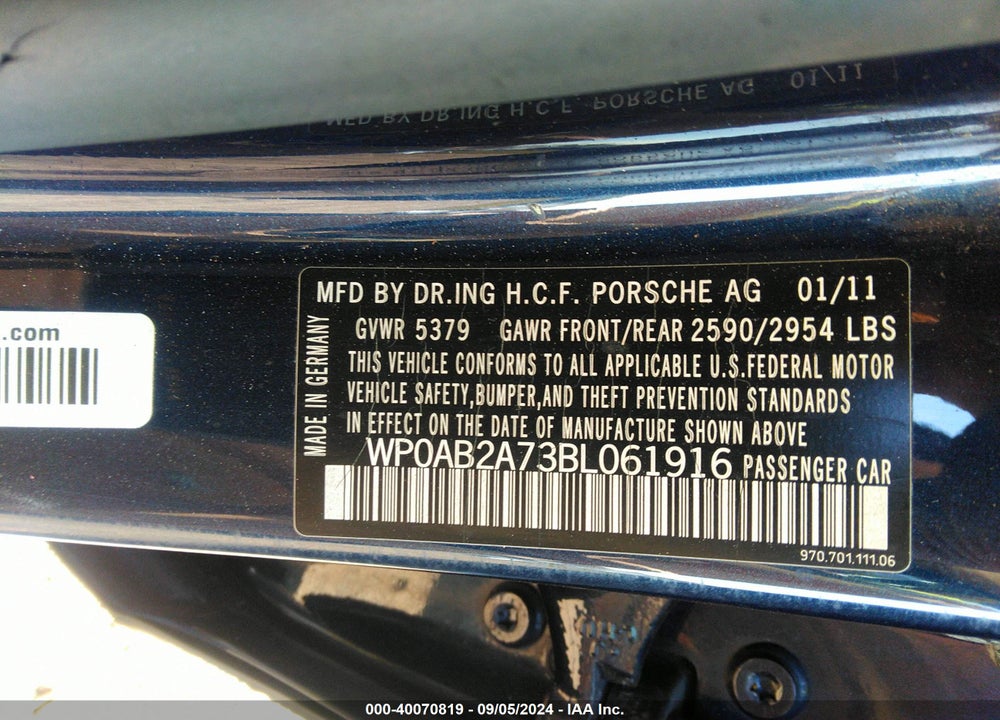 2011 PORSCHE PANAMERA 4S VIN: WP0AB2A73BL061916