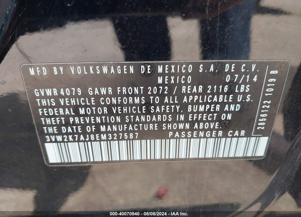 2014 VOLKSWAGEN JETTA 2.0L S VIN: 3VW2K7AJ8EM327587