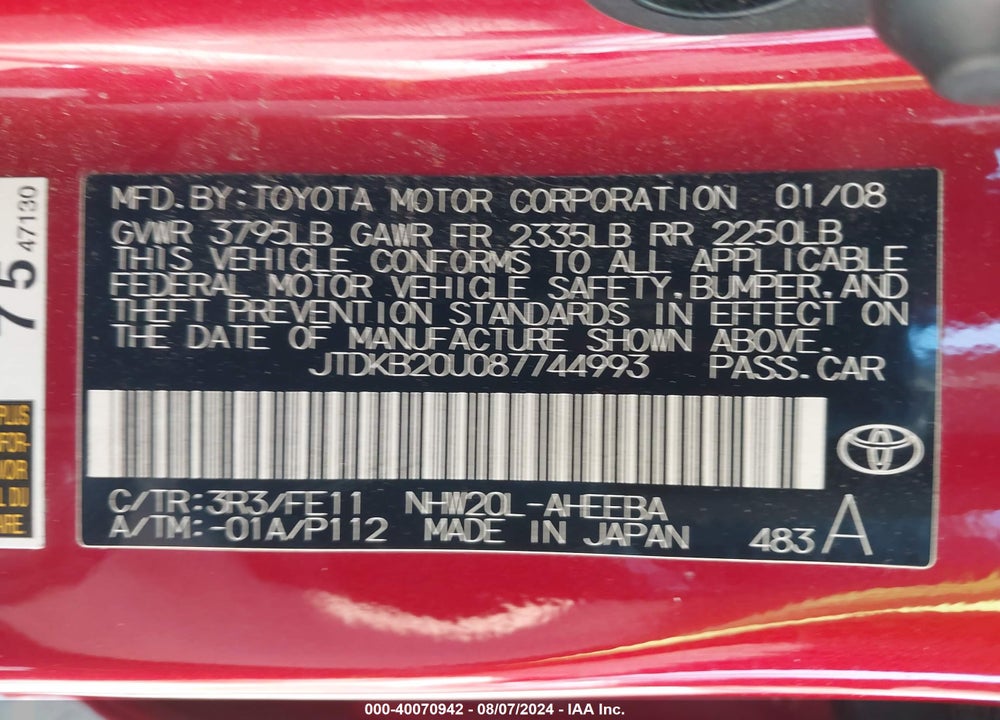 2008 TOYOTA PRIUS VIN: JTDKB20U087744993