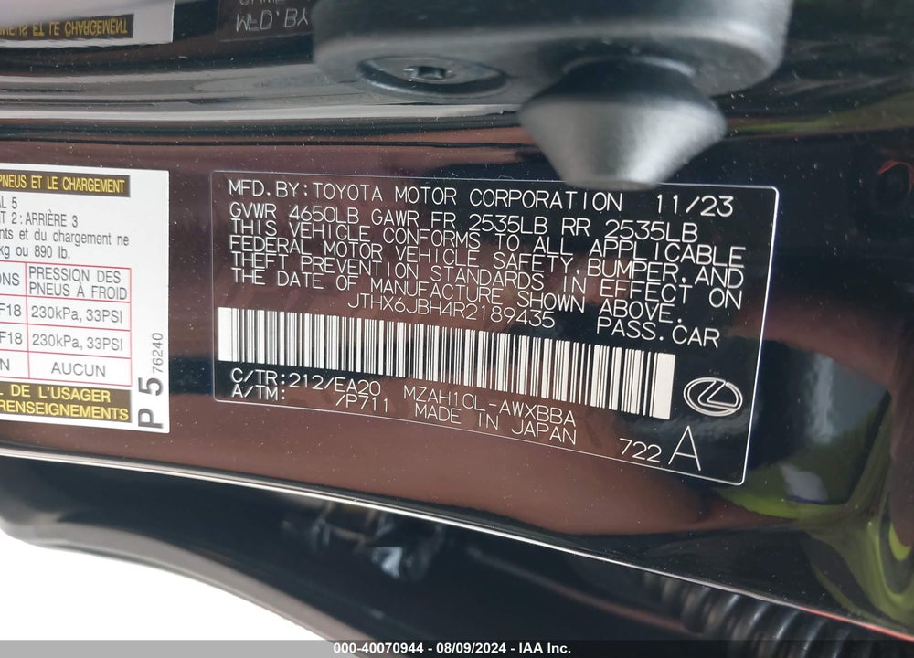 2024 LEXUS UX 250H VIN: JTHX6JBH4R2189435