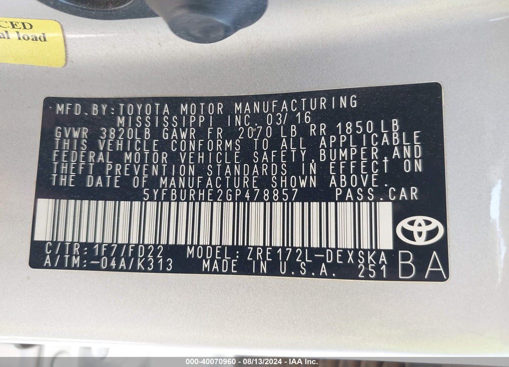 2016 TOYOTA COROLLA S VIN: 5YFBURHE2GP478857