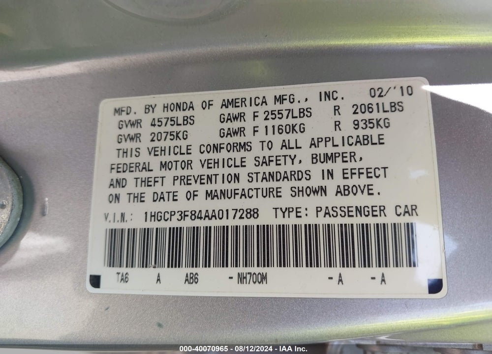 2010 HONDA ACCORD VIN: 1HGCP3F84AA017288